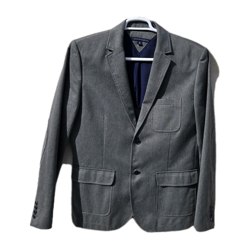 Tommy Hilfiger Mens Lg 42 Gray Blazer Jacket 100% Cotton Sports Coat Classic